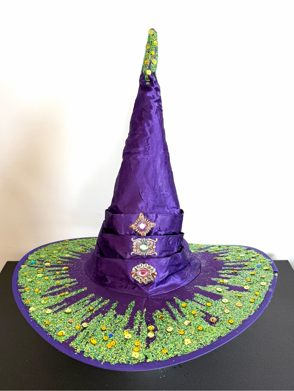 Witch Hat – wizard hat -Halloween -purple satin with Green glitter & jewels OS